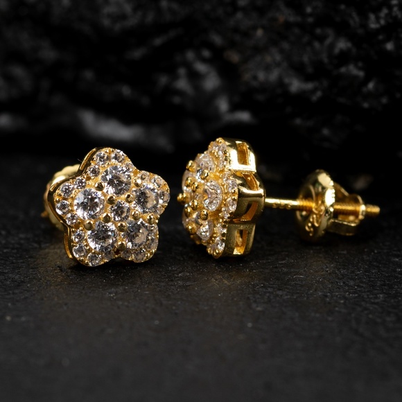 Hop Hop Cluster Yellow Gold Sterling Silver Flower Star Screw Back Earrings - Picture 3 of 5